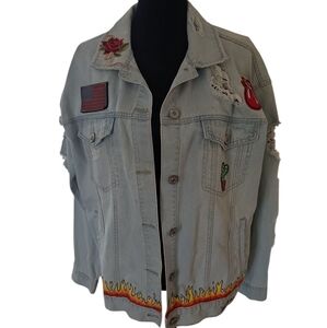 Forever 21 Light Blue Denim Jacket with Embroidery